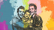 Illustrator 2d flat two men holding one child, smiling, celebrating, on a background with rainbow colors. AI Generative