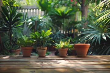 Aufkleber - Group of potted plants on rustic wooden table, perfect for home decor