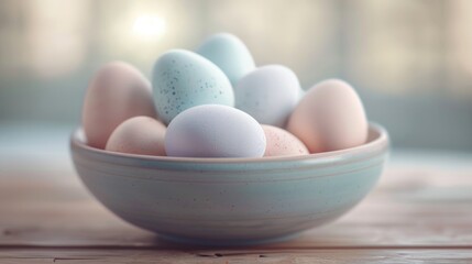 Aufkleber - Fresh eggs in a bowl on a rustic wooden table. Perfect for food and cooking related projects