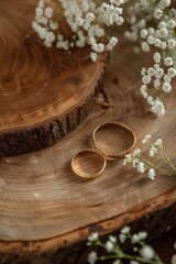 Wall Mural - Two wedding rings resting on a piece of wood. Ideal for wedding or engagement concepts