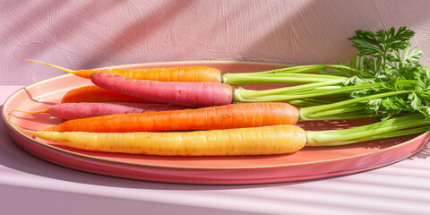 Wall Mural - Colorful Carrots on Plate with Fresh Parsley and Pink Background