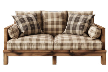 Wall Mural - Modern wooden sofa with soft comfortable and stylish gray and brown checkered cushions