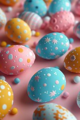 Poster - Vibrant Easter eggs displayed on a soft pink background. Perfect for Easter-themed designs