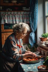 Poster - An old woman sitting at a table with a plate of food. Suitable for food and elderly lifestyle concepts