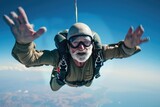 A man with a beard and goggles soaring through the air. Suitable for adventure and extreme sports concepts
