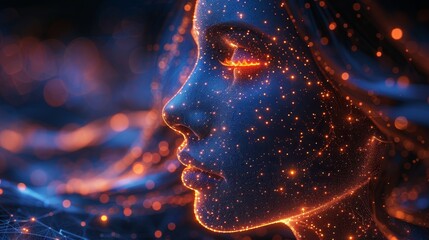 Leinwandbilder - Artificial intelligence abstract face with glowing dots or particles. Technological background. Robot head with neural network analyzing data flow. 3D glowing wavy surface.