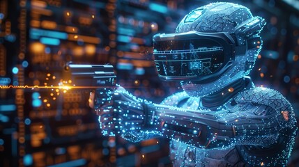 Poster - VR online game interface with level map. Player preparing to play virtual reality shooter. Virtual armor and glasses on computer video gamer.