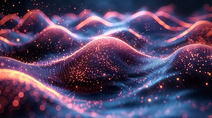 Poster - Neon music tech background in nightclub. Equalizer visualizes music waves in technological cyber style. Light dots form 3D surface images of splash sounds vibrating in round splashes.