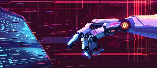 Poster - robot hand extends out of digital display, glowing red light emanating, futuristic concept