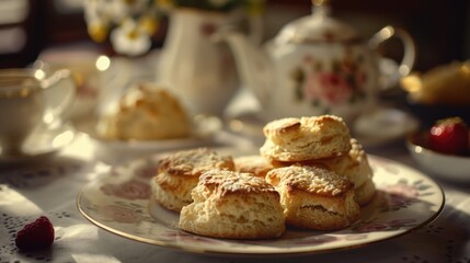 Poster - Freshly baked scones on a wooden table, perfect for food blogs or bakery advertisements