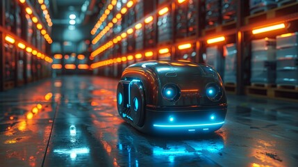 Poster - Drone swarm of robots in the logistics industry. AI routes autonomous rovers to pick up orders in a smart warehouse.