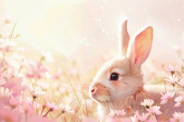 Wall Mural - A white rabbit sitting in a field of colorful flowers. Suitable for nature and animal themes