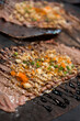 Roasted beef on Oba leaves. Wagyu Beef japanese restaurant. Selective focus