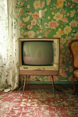 Aufkleber - A small television set placed on a wooden stand. Suitable for technology and entertainment concepts