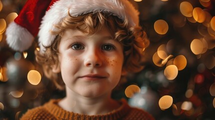 Wall Mural - A young boy wearing a Santa hat in front of a festive Christmas tree. Perfect for holiday concepts