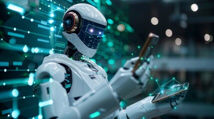 Fototapete - An intelligent chatbot in smartphone system using AI (Artificial Intelligence), developed by OpenAI. Robotics and futuristic technology.