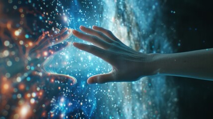 Wall Mural - A woman's hand touching the metaverse. Conceptual images for the next generation of technology.