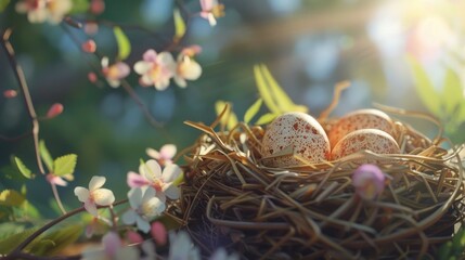 Canvas Print - A bird's nest with three eggs, suitable for nature and wildlife themes