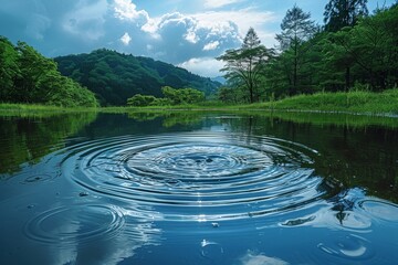 Tranquil clear forest lake creating concentric ripples, mirroring the serene greenery and blue skies