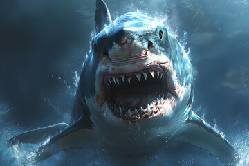 Wall Mural - Angry shark with sharp teeth swimming in the depths