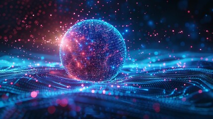 Poster - Modern illustration of an abstract sphere of colored particles with a vivid blue dot background. A futuristic style HUD element. Technology background for a business presentation. A corrupted point