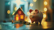 Piggy bank with coins and house model on a table, bokeh background, real estate concept