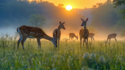 Wall Mural - Deer Grazing in Misty Morning Meadow During Golden Hour Sunset or Sunrise Scenic Landscape with Silhouetted Wildlife Herd in Peaceful Serene