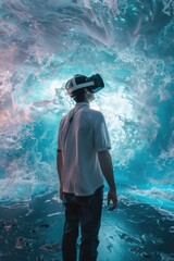 Poster - A man wearing a virtual reality headset standing in front of a wall of water. Suitable for technology and virtual reality concepts
