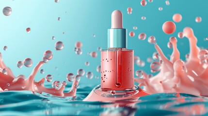 Poster - Illustration of collagen skin serum and vitamins isolated on a blue color background. Concept for skin care cosmetics.
