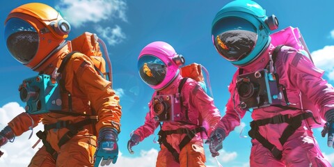 Poster - A group of people in space suits standing together. Suitable for science fiction projects