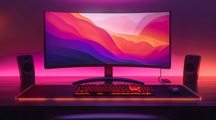 Poster - 3D curved monitor, keyboard, mouse with pad. Color modern composition. Programmer accessories. Office equipment.