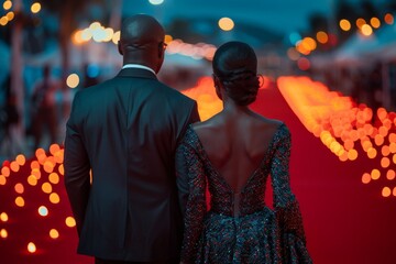 A glamorous couple captured from behind on a red carpet, with lights and festivities in the backdrop