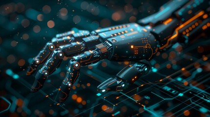 Fototapete - The image below shows a mockup of an artificial intelligence robot hand on a technology background, created using artificial intelligence technologies.