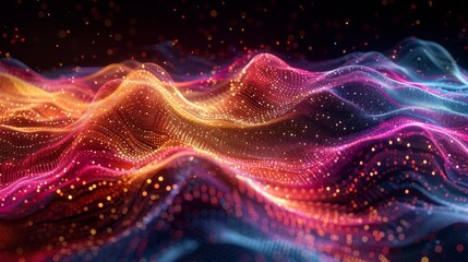 Poster - Gradient hologram dynamic wave of particles on a digital technology background.