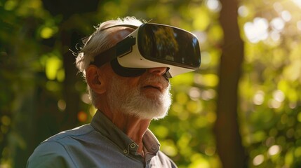 Poster - A man wearing a virtual reality headset in the woods. Suitable for technology or nature concepts