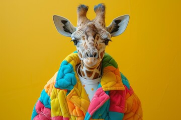 a charming and humorous take on wildlife fashion, this giraffe is decked out in an eye-catching quil