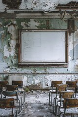 Poster - A classroom setting with a chalkboard and chairs. Ideal for educational concepts