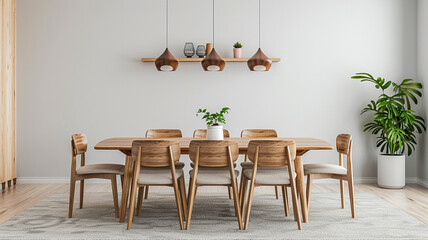 Canvas Print - modern dining room interior with a light brown wooden table and chairs