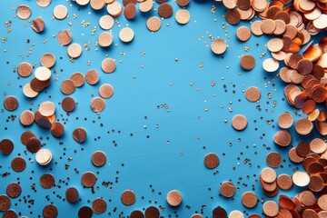 Poster - A festive and celebratory picture of various sized metallic confetti pieces on a vibrant blue surface