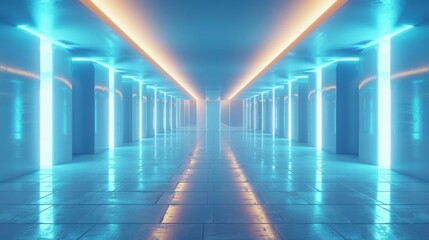 Aufkleber - An abstract rendering of an empty illuminated blue shining corridor interior, in 3D