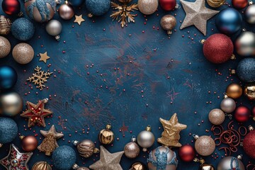 Poster - Festive blue background with Christmas decorations. Ideal for holiday designs