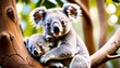 A mother koala embraces her joey in a eucalyptus tree, their tender moment captured amidst the soft-focus backdrop of the forest.. AI Generation