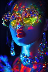 Canvas Print - A woman illuminated by bright lights, suitable for technology or beauty concepts