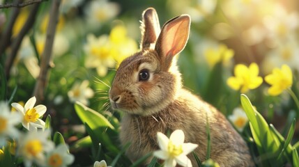 Poster - A rabbit sitting in the middle of a field of colorful flowers. Perfect for nature and wildlife themes