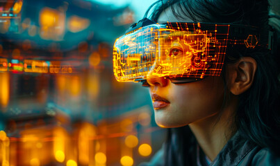 Poster - futuristic asian architect with ar headset analyzing virtual building design and 3d interior wirefra