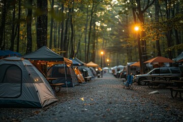 Wall Mural - The warm sunset glow bathes a forest campground, highlighting cozy tents and tranquil evening vibes