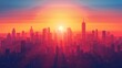 City Skyline Network: A 3D vector illustration of a city skyline during a vibrant sunrise