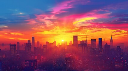 Wall Mural - City Skyline Network: A 3D vector illustration of a city skyline at sunset