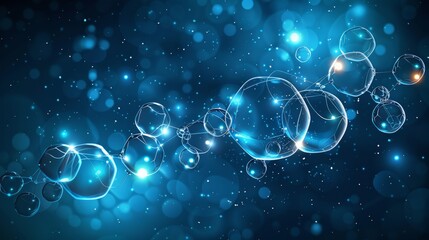 Poster - Molecules and mesh lines, circles and polygon shapes on blue background. Conceptual illustration of futuristic-digital technology.
