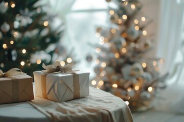Poster - Two presents displayed on a table next to a festive Christmas tree. Ideal for holiday concepts and gift-giving themes